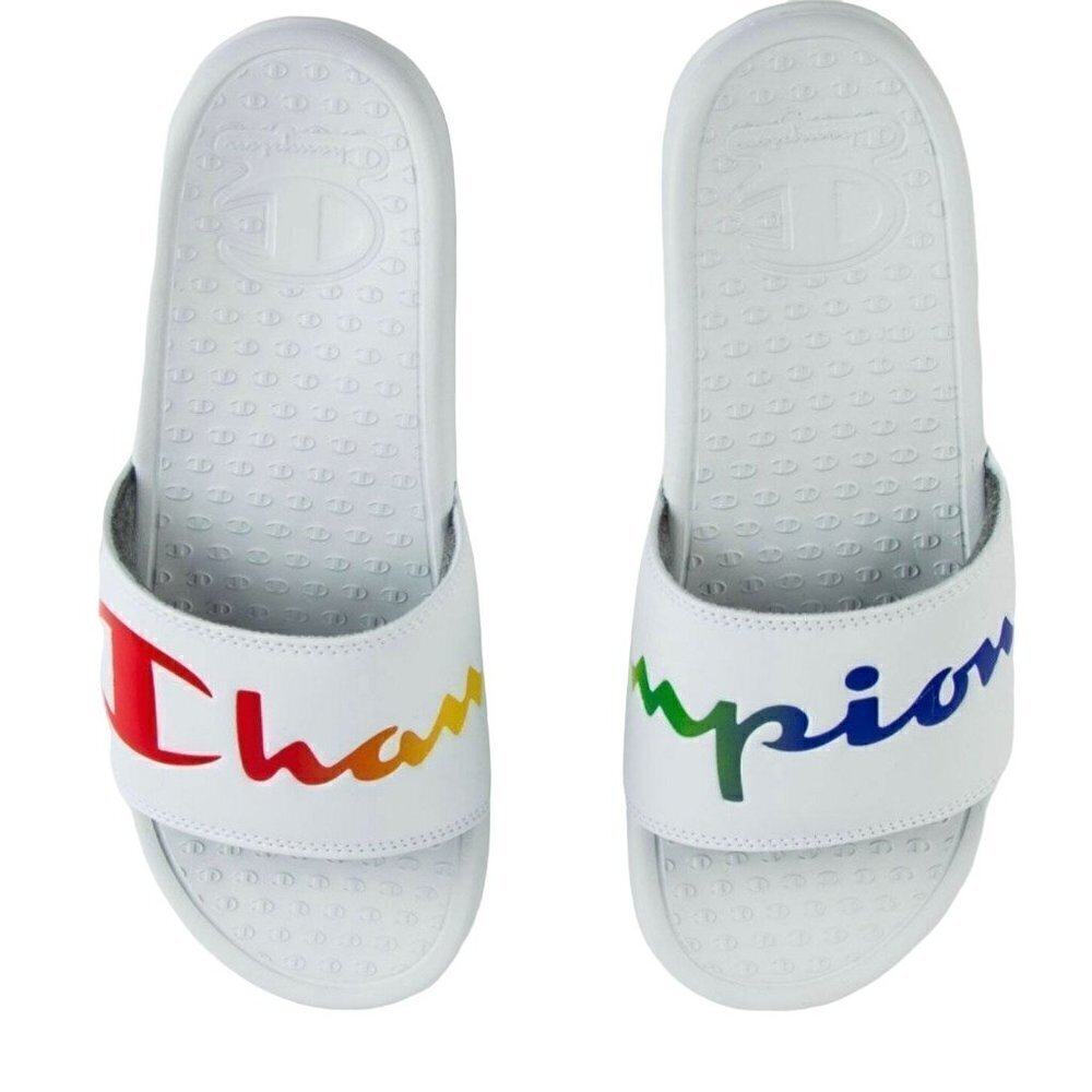CHAMPION Super Slide Split Script White Rainbow Womens Slide Sandals 10 or 11